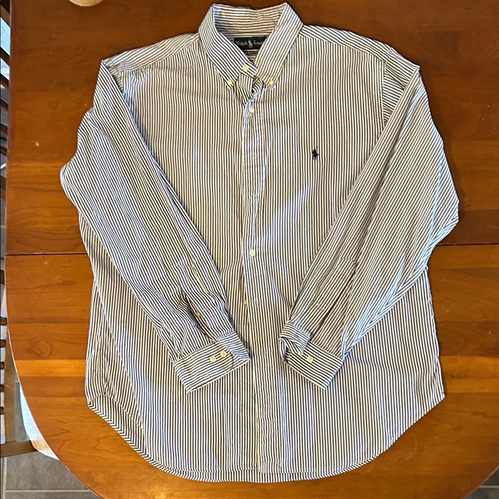 Ralph Lauren Navy and White Striped Button Down Shirt